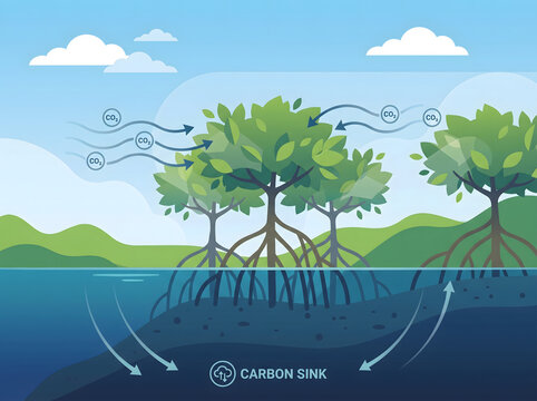 Mangrove trees acting as a carbon sink, absorbing CO2 from the atmosphere and storing it in their roots and soil, representing a vital ecosystem service for climate change mitigation