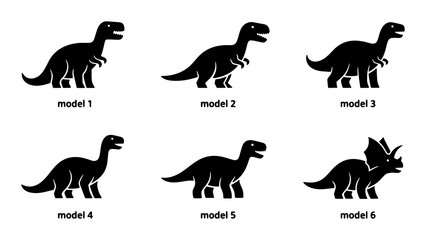 Six Silhouette Dinosaur Vector Icons, Prehistoric Creature Graphics, Tyrannosaurus Rex, Triceratops, Brontosaurus, Ancient Reptile Collection © Nusrat