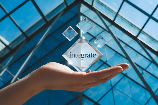 Innovative Business Integration Concept Showing Hand Holding Geometric Glass Shapes with Integrate Text Against a Modern Corporate Office Background