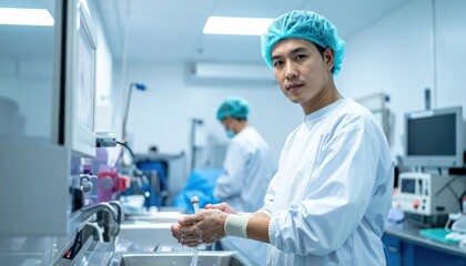 Naklejka premium Asian male surgeon washing hands in medical clinic.