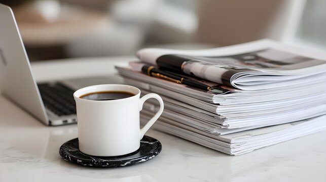 office desk setup with laptop, documents and coffee cup in soft daylight