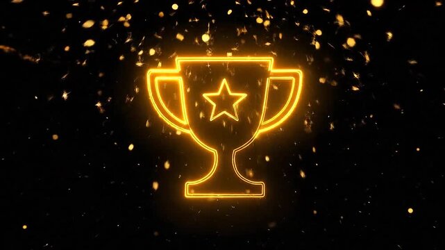 A glowing golden trophy icon against a dark particle background