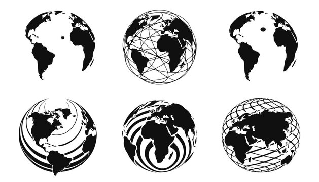 Set of stylized globes and Earth icons in black and white