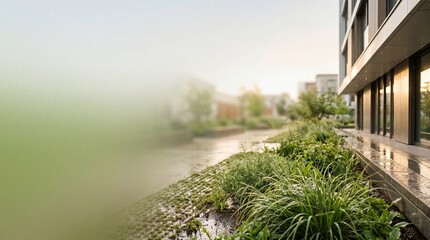 Fototapeta premium Contemporary architecture integrating lush green gardens along a residential building, showcasing urban nature and sustainable living in a blurred city backdrop during sunrise