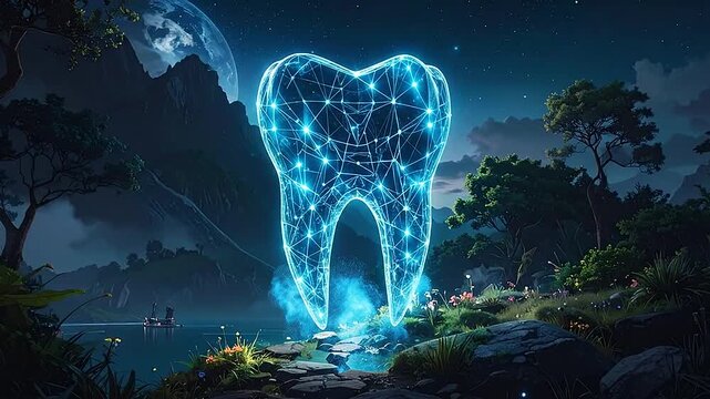 A glowing digital tooth floats above a vibrant nocturnal garden landscape