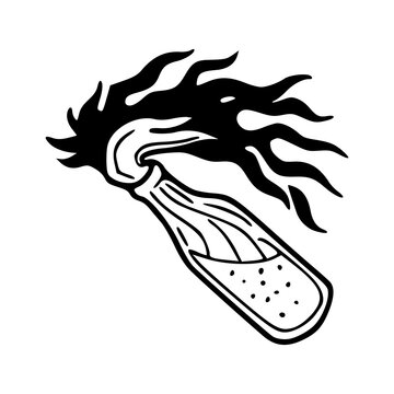 artistic flaming molotov cocktail sketch isolated on white background