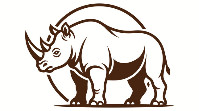 Brown rhinoceros in circular frame line art logo.