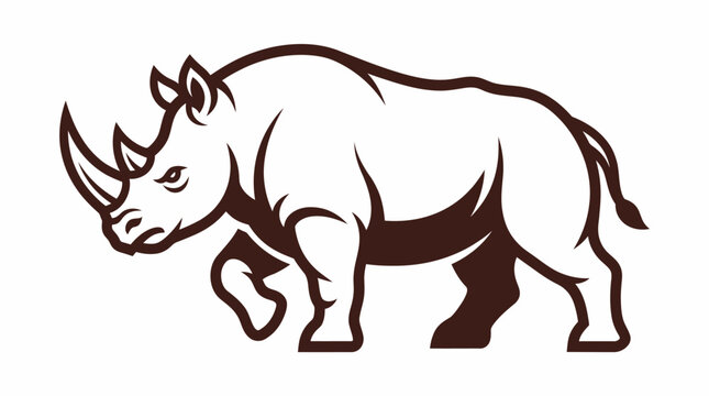 Brown rhinoceros line art profile walking mascot logo.