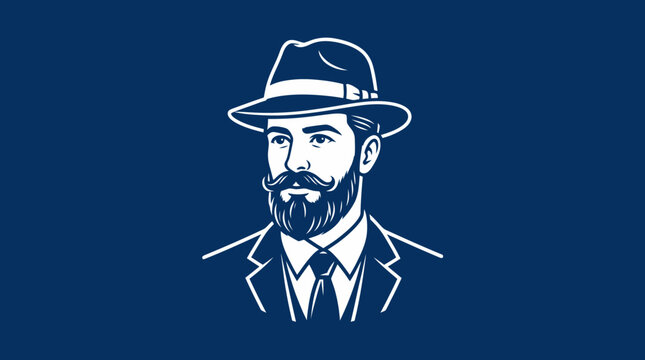 Dapper man with beard and hat line art illustration.