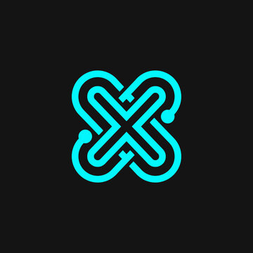 Cyan neon glowing abstract letter X logo on black.
