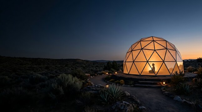 Woman meditating inside a glowing geodesic dome in the desert night