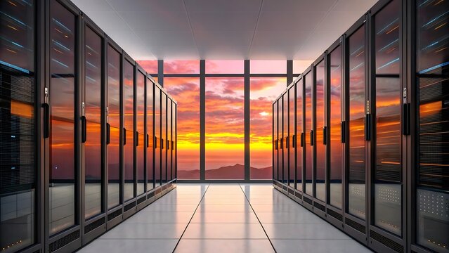 Modern server room with rows of data racks and a panoramic sunset view through large windows in the office