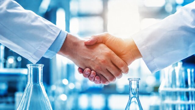 Two hands in lab coats shake hands, symbolizing collaboration and partnership in a scientific or research environment.