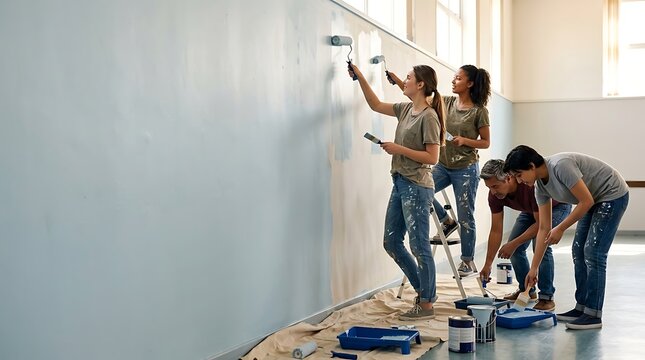 Diverse group of people painting a wall in a bright room