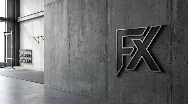 Modern industrial gym interior with logo on concrete wall