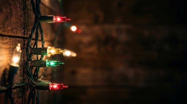 Festive colorful string lights on dark rustic wood background