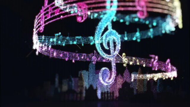 Abstract 3D render of colorful glowing particles forming a treble clef and musical staff on a dark background. Futuristic music visualization with bokeh and depth of field.