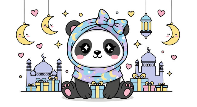 Adorable Kawaii Panda Sitting Among Festive Gifts with Mosque Background and Hanging Crescent Moons and Stars, Celebrating a Joyful Occasion