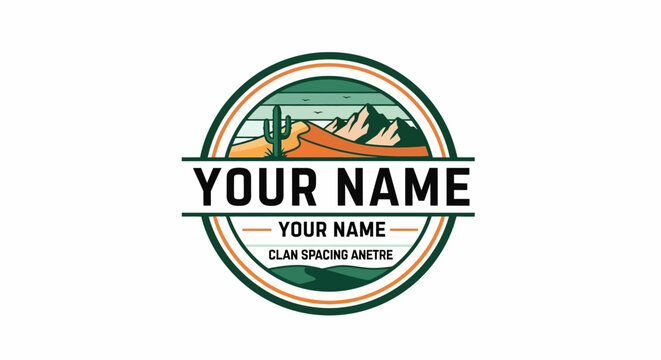 Vibrant circular emblem design showcasing a serene waterfall cascading amidst rugged mountains and lush green pine forests, perfect for outdoor businesses