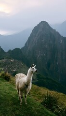 Naklejka premium Peaceful llama surveys ancient ruins and vast mountains under a soft overcast sky landscape
