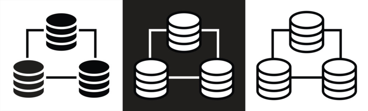 Network database icon set in editable outline, border, and solid styles, representing data migration, distributed systems, and network information. vector illustration