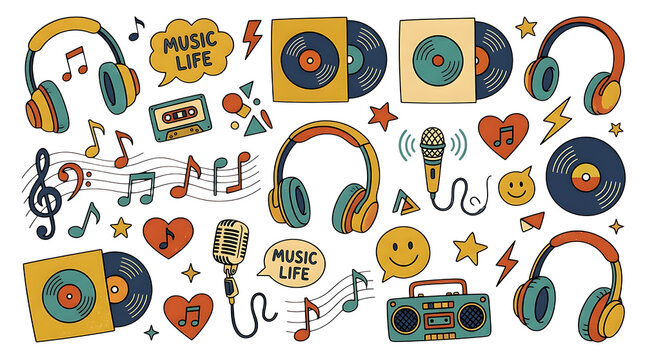 Colorful music icons and symbols isolated on white background