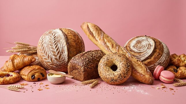 : Assorted Bakery Breads and Pastries on Pink Background Flat Lay