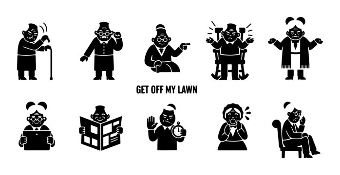 Grumpy Old Man Icons Set, Senior Citizen Vector Graphics, Elderly Character Illustrations, Retirement Lifestyle Silhouettes