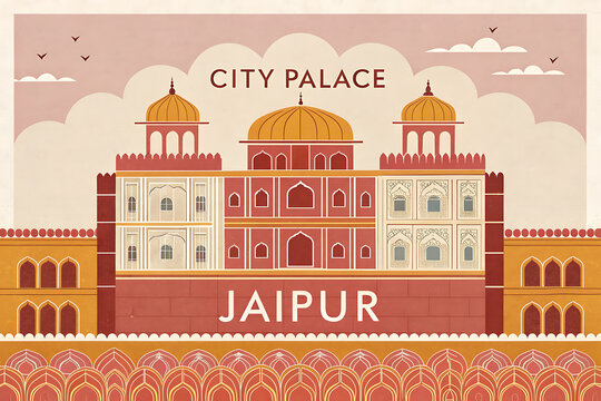 Flat vector poster, centered architectural elevation of City Palace Jaipur.