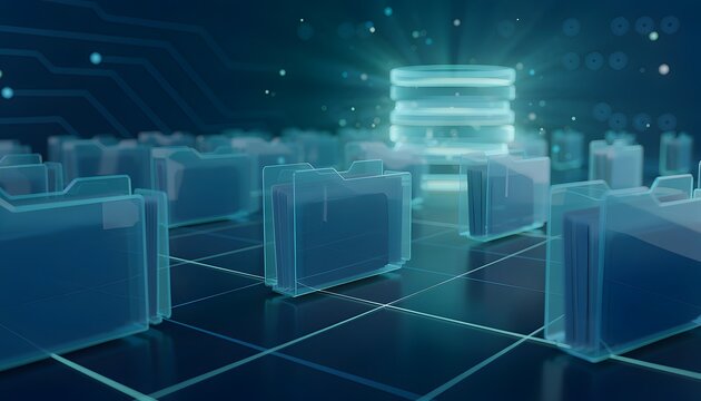 Digital Archive and Records Management System with Rows of Transparent Blue Folders and Glowing Database Server on Futuristic Grid