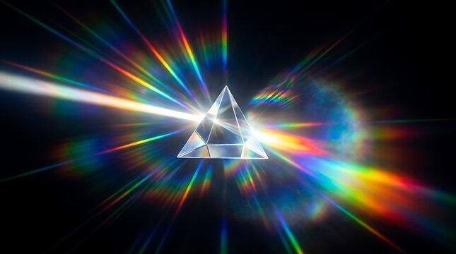 Prism refracting light into a spectrum of vibrant rainbow colors against a dark background