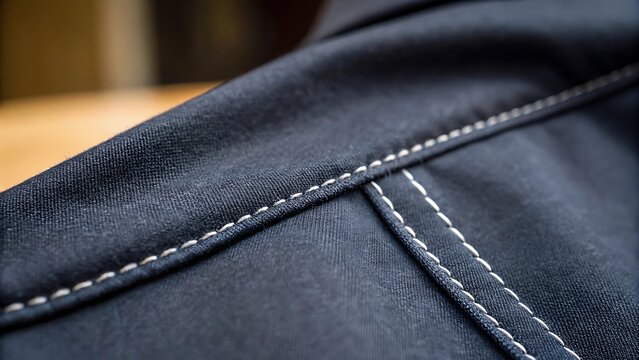 Close up detail of a professional overlock seam on dark fabric inside a garment showing white thread stitch.