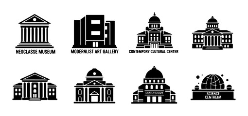 Fototapeta premium Icon Set: Neoclassical Museum, Modernist Art Gallery, Cultural Center, and Civic Buildings Collection