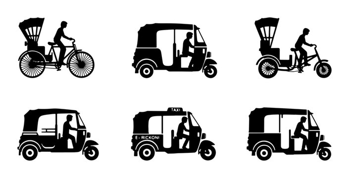 Vector Icons of Auto Rickshaws and Cycle Rickshaws, Traditional Asian Transport Silhouettes, Black and White Transportation Graphics, Set of 6 Diverse Vehicle Illustrations