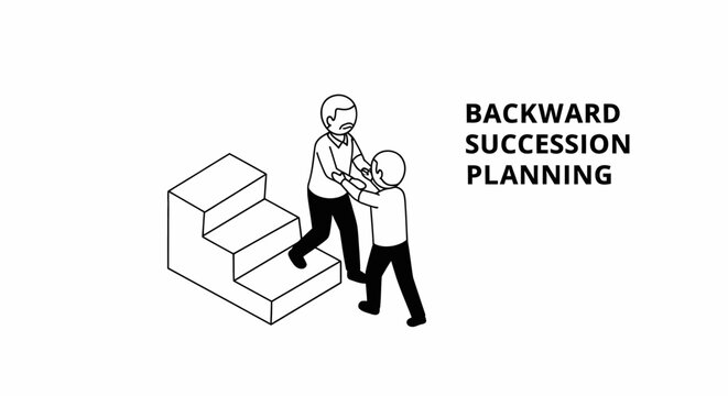 Business professionals discussing backward succession planning on stairs.