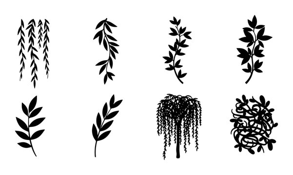 Botanical Vector Elements, Delicate Leaf Sprigs and Weeping Willow Tree Silhouettes, Nature-Inspired Decorative Accents, Black and White Plant Graphics