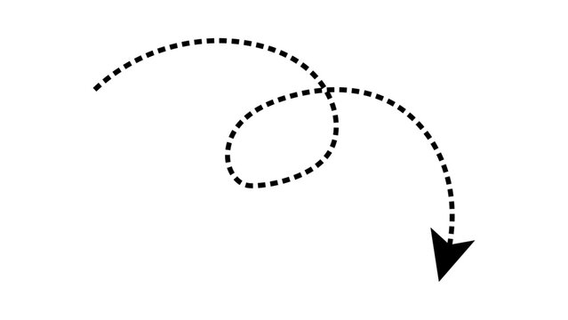 Hand-drawn curly black dotted loopy line arrow movement indicator dashed path, navigation, pointer or direction symbol isolated on transparent background. Vector illustration.