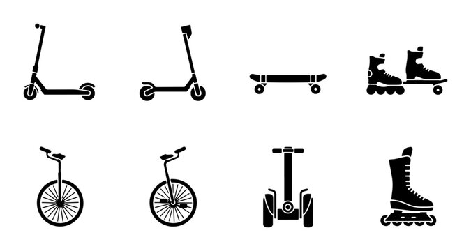 Urban Mobility Icons: Electric Scooters, Skateboards, Roller Skates, Unicycles, Segway, Inline Skates Vector Set