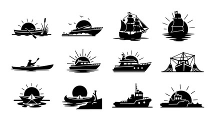 Nautical Icons: Diverse Watercraft Silhouettes, Sailing Ships, Yachts, Kayaks, and Boats at Sunrise/Sunset, Vector Set for Marine and Travel Themes © Omar