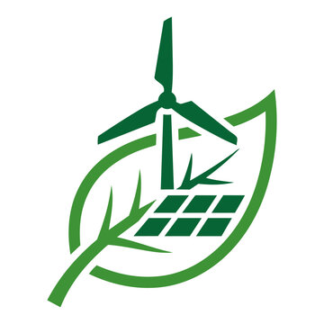 Green Eco Energy Vector Logo with Wind Turbine and Solar Panel Grid Inside Outlined Leaf Silhouette