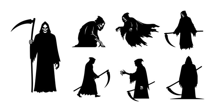 Grim Reaper Silhouette Vector Icons, Death Personification Set, Halloween Scary Figures, Dark Fantasy Symbolism, Occult Imagery, Vector Graphics Collection