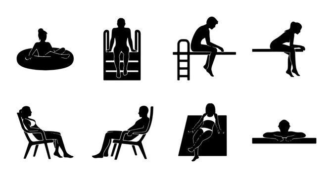 Relaxation and Leisure Icons: Diverse Silhouettes of People Enjoying Pools, Lounging, and Water Activities, Vector Set