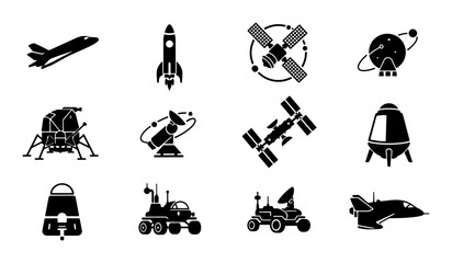 Space Exploration Icons Set: Rocket, Satellite, Spaceship, Rover, Lunar Lander, Capsule, Jet Vector Graphics for Cosmic Projects © Saiful