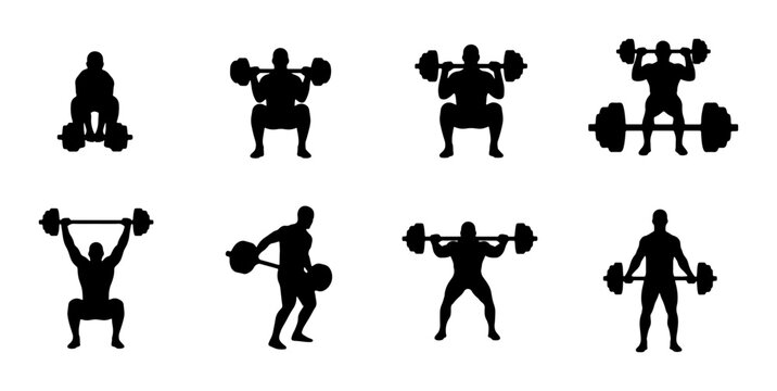 Weightlifting Silhouettes, Strength Training Icons, Fitness Poses, Gym Workout Vector Set, Athletic Bodybuilder Actions