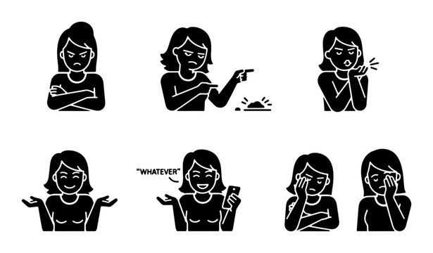 Woman Emotion Icons Set, Female Mood Silhouettes, Expression Graphics Collection, Frustration, Anger, Sadness, Indifference, Joy, Disbelief Vector Art