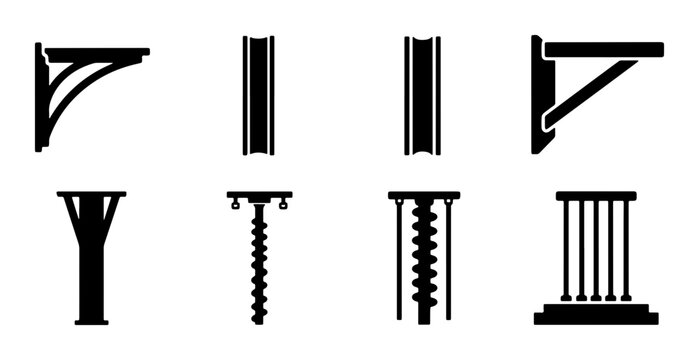 Architectural Elements Vector Icons: Column Capitals, Brackets, and Supports, Black Silhouette Set for Design and Construction