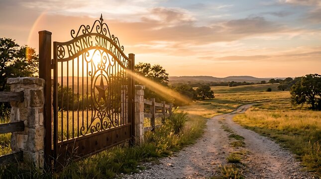 Ornate iron gate at ranch entrance with golden sunset landscape