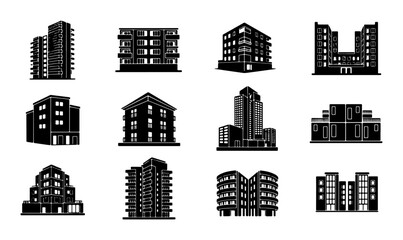 Modern Apartment Building Icons, Urban Residential Architecture Set, City Dwelling Vector Graphics, Contemporary Housing Collection © Shakila