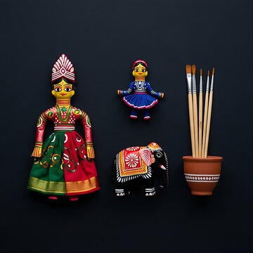 traditional Indian folk art craft items, displaying a hand-painted clay puppet doll with colorful fabric skirt, a miniature painted wooden elephant figurine, and a set of natural paint brushes beside 