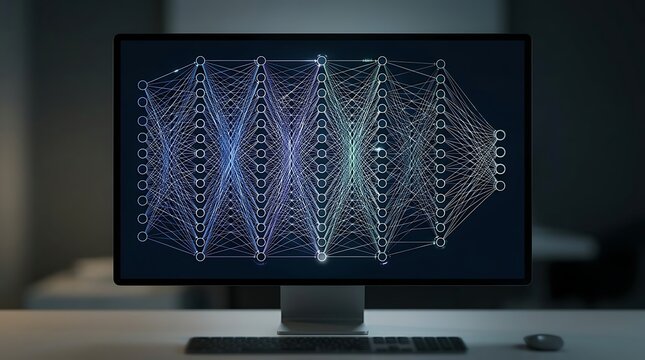 Neural network diagram displayed on a desktop computer monitor